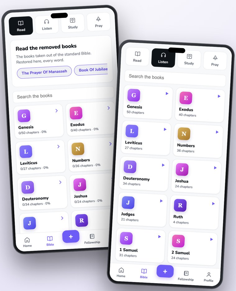 The Read and Listen tabs in The Faith Made app, showing the restored books and chapter counts