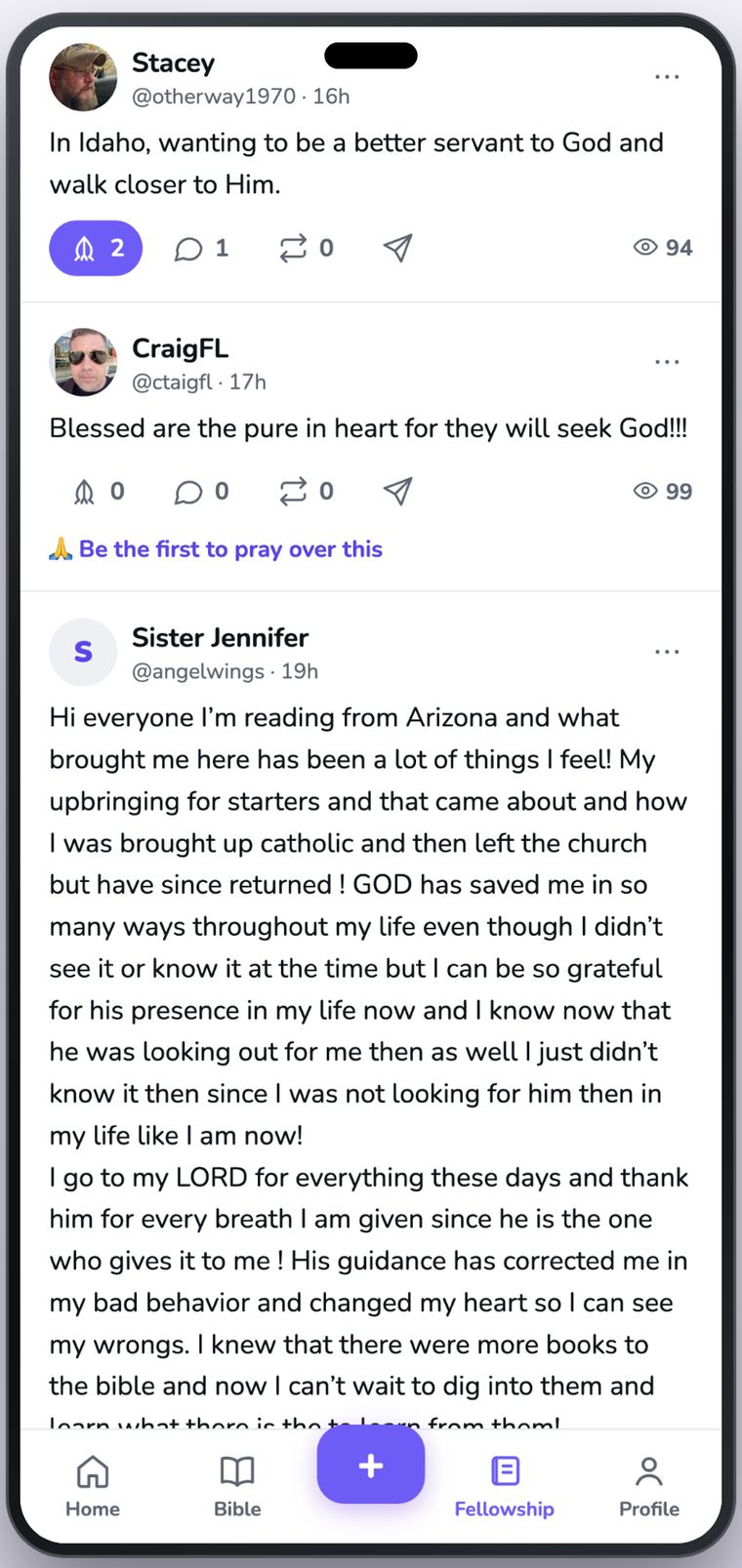 The Fellowship feed inside The Faith Made app